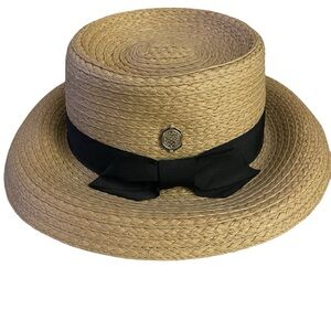 Vince Camuto Tan Straw Boater Hat with Black Ribbon Adjustable!